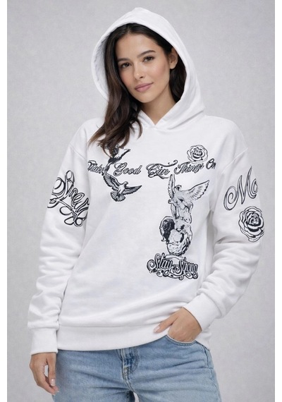 Primemagazam Kadın 3 İplik Pamuklu Kapüşonlu Baskılı Sweatshirt Hoodie - Beyaz Çeşitli
