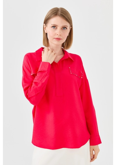 Desen Triko Kadın Polo Yaka Cepli Bluz 23485 Fuşya Desen Triko Kadın Polo Yaka Cepli Bluz 23485 Fuşya