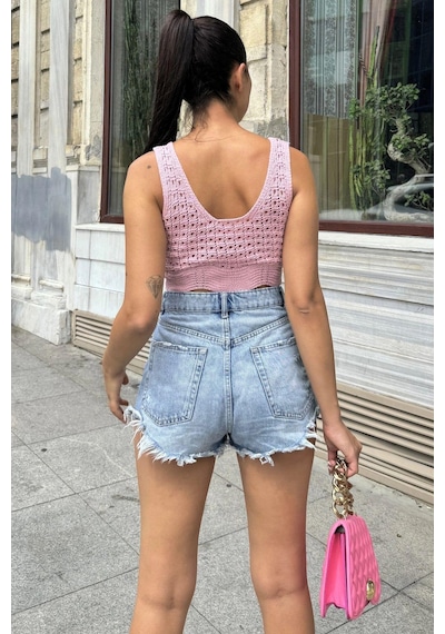 WeShaya Pembe Ajurlu Kalın Askılı Triko Bluz Pembe