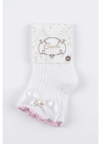 Cocole Socks Kız Çocuk Aksesuarlı Soket Çorabı Tekli Pamuklu Fiyonklu Beyaz Desenli