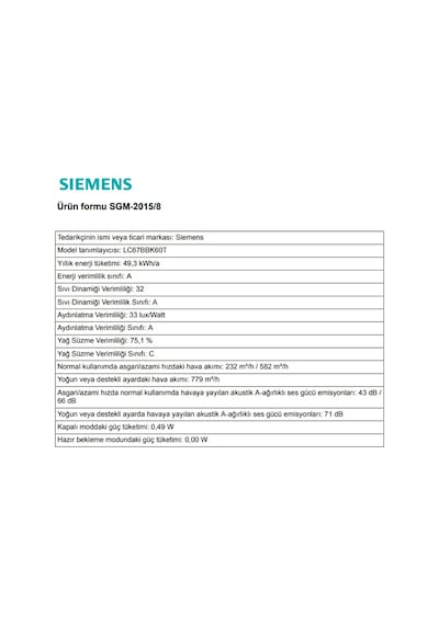 Siemens LC67BBK60T 60 CM Duvar Tipi Davlumbaz