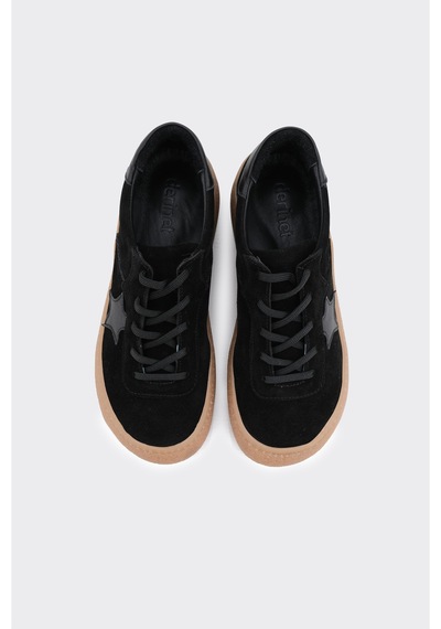 Derinet Hakiki Deri Bağcıklı Kadın Sneaker Siyah Siyah