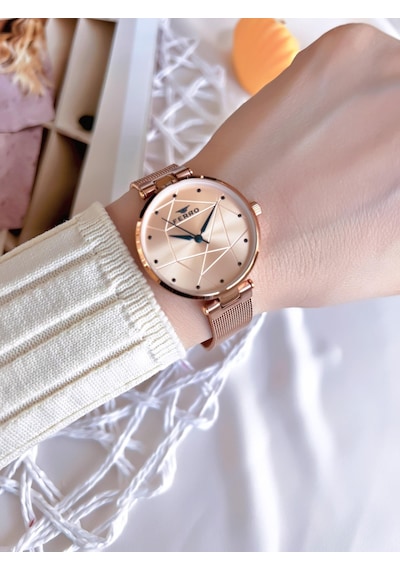 Ferro Hasır Kordonlu Rose Gold Kararmaz Renk Atmaz 3 Atm Özel Tasarım Kadın Kol Saati Bf40-087