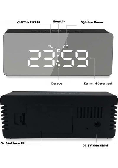 Dijital Aynalı Led Çalar Saat Usb & Pil Destekli, Termometreli, Alarm, Gece Modlu Elektronik Saat Siyah