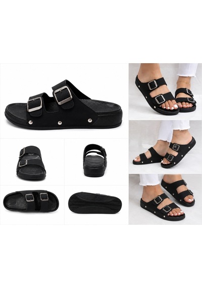 N Napa Shoe Pld.200-z.siyah Napa Shoe Çift Tokalı Kadın Comfort Terlik Siyah