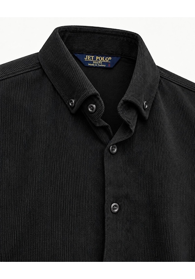 Classics Men Jet Polo Uzun Kol Slim Fit Erkek Kadife Gömlek - 7779 Siyah