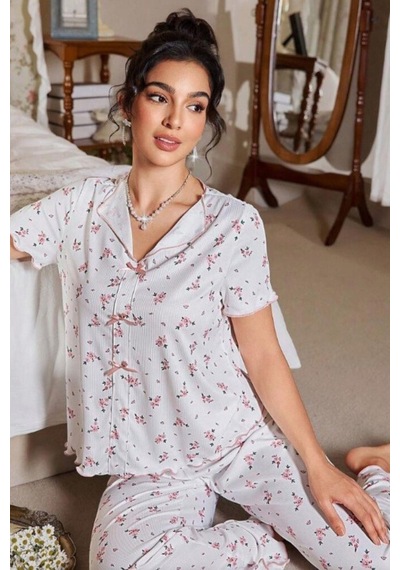 Bella Notte V Yaka Çiçek Desenli Baskılı Kısa Kollu Pijama Takımı Pembe