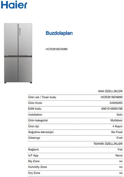 Haier HCR3818ENMM 467 LT No-Frost Gardırop Tipi Buzdolabı