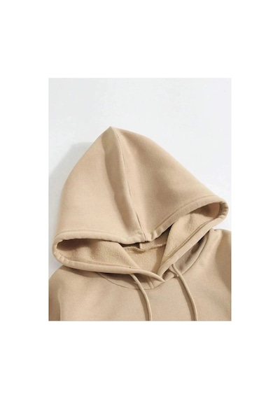 Erkek 3 İplik Pamuklu Kapüşonlu Kanguru Cepli Sweatshirt Hoodie - Bej