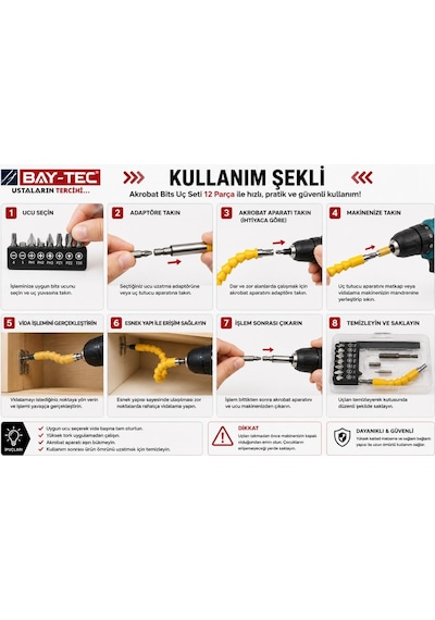 Bay-tec Mu2230 Akrobat Bits Uç Seti 12 Parça Esnek Şaftlı Dar Alan Vidalama Ve Matkap Uç Seti