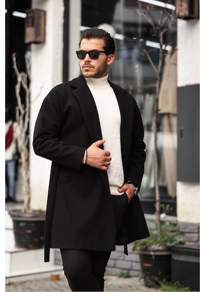 Mero Life Erkek Siyah Kemerli Oversize Rahat Kesim Kaşe Kaban Siyah
