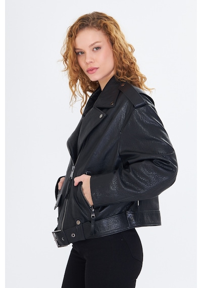 M M Marki Marki Kadın Hakiki Jumbo Deri Ceket Biker Tarz, Kemerli, Oversize, Apoletli, 65 Cm, Siyah - 507322