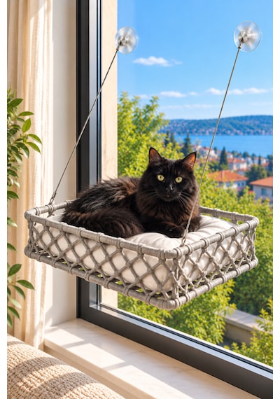 Reyo Tasaryum El İşçiliği Bohem Makrome Kedi Ve Küçük Köpek Cam Hamak Yatağı Güçlü Vantuzlu, Minderli - Antrasit