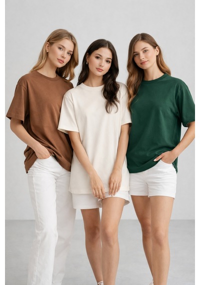Kadın 3'lü Paket Yeşil-bej-kahve %100 Pamuk Oversize Basic Tişört Bisiklet Yaka Relaxed T-shirt Yeşil-bej-kahve