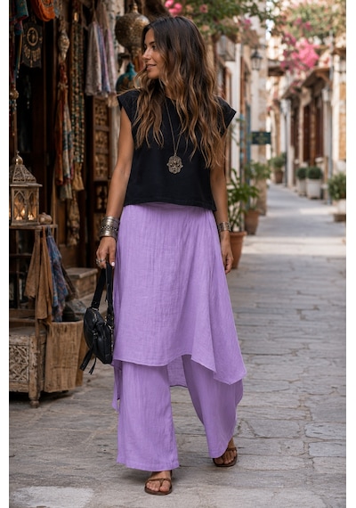 Bohem Stil İtalyan Ham Keten Pantolon Etek Lila