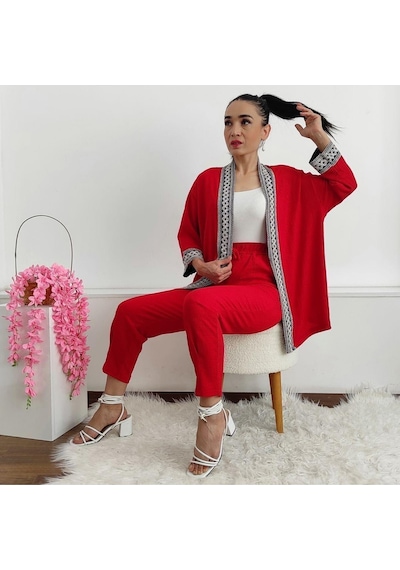 İpli Dar Nakışlı Kimono Takımı Siyah