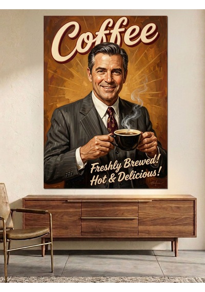 Kahve İçen Takım Elbiseli Adam Retro Poster Dekoratif Kanvas - Mdf Ahşap Tablo Çok Renkli