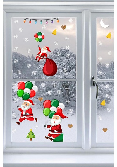 Balonla Uçan Noel Babalar Ve Kar Taneleri Yılbaşı Pencere Sticker