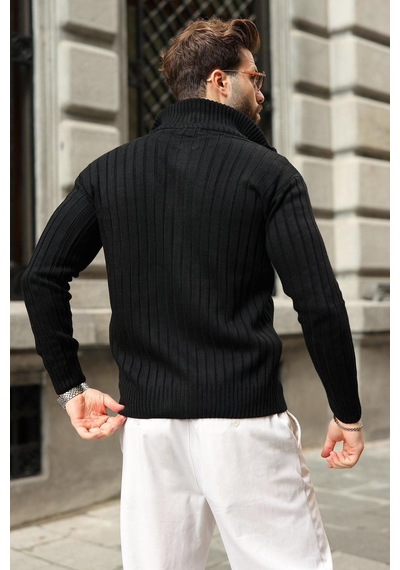 Madmext Siyah Çift Fermuarlı Slim Fit Çizgili Erkek Triko Hırka E7522
