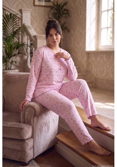 Seboteks Fitilli Kaşkorse Kumaş Uzun Kollu Büyük Beden Kadın Pijama Takımı 2990 Pembe
