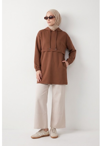 Armine Trend Kapüşonlu Cep Detaylı Uzun Sweat Tunik Vizon 24kt454
