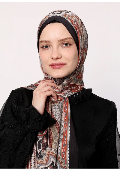Luvensara Etnik Desen Hint İpeği Şal Kiremit-siyah