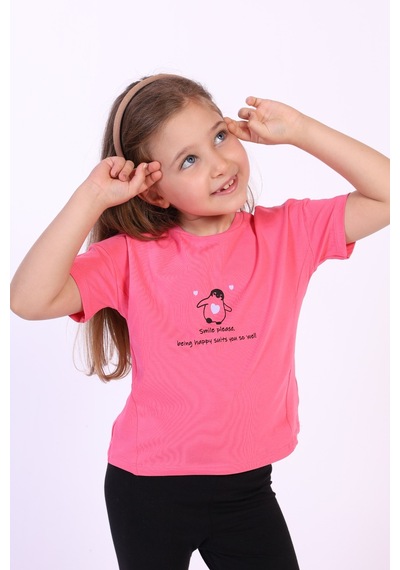 Toontoy Kids Toontoy Kız Çocuk Baskılı Bisiklet Yaka Kısa Kollu Tişört Fuşya