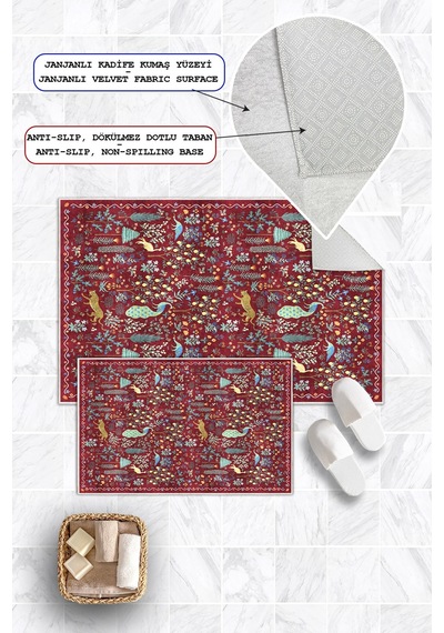Modern Desenli Baskılı Kaymaz Taban 2li Set Banyo Paspası Klozet Takımı 50x60cm-60x100cm Kırmızı