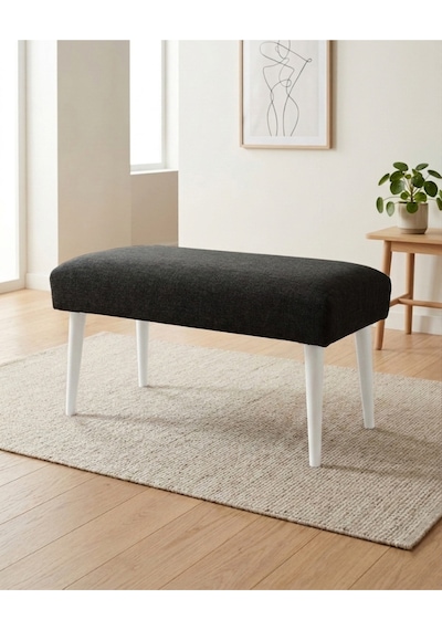 Koyu Gri Keten Kumaş Bench Puf 90x45x46 Cm Ahşap Beyaz Ayaklı Demonte Modern Yatak Ucu Bench Oturma Bankı Antre Koridor Pufu