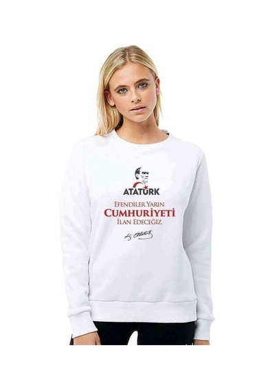 29 Ekim Cumhuriyetin Ilanı Baskılı Beyaz Kadın Sweatshirt