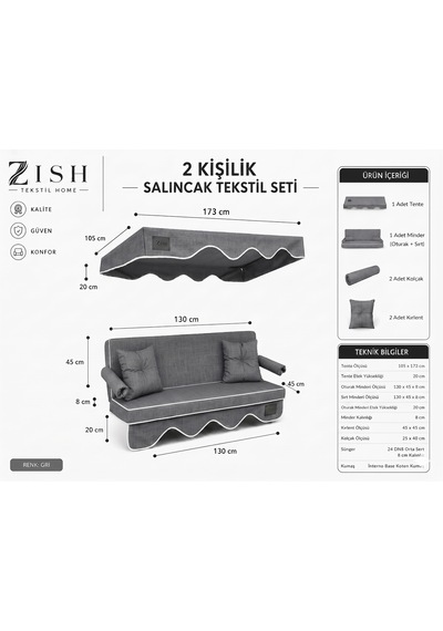 Altaleno 2 Kişilik 130 45 Cm Süngerli Bahçe Balkon Salıncak Minderi Yıkanabilir Kılıflı, Tenteli Keten Kumaş Tekstil Seti 24 Dns 8 Cm Orta Sert Sünger Gri