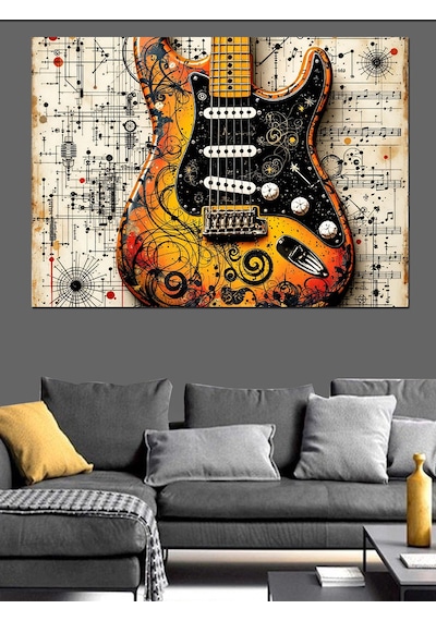 Müzik Notalı Renkli Gitar Dekoratif Kanvas - Mdf Ahşap Tablo