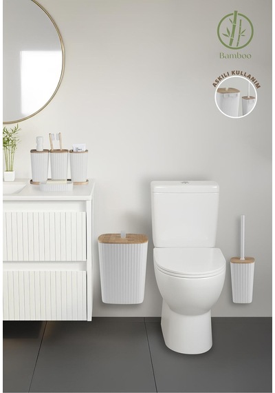 Duvara Yapışkanlı Gerçek Bambu Beyaz 6'lı Safir Banyo Seti Beyaz