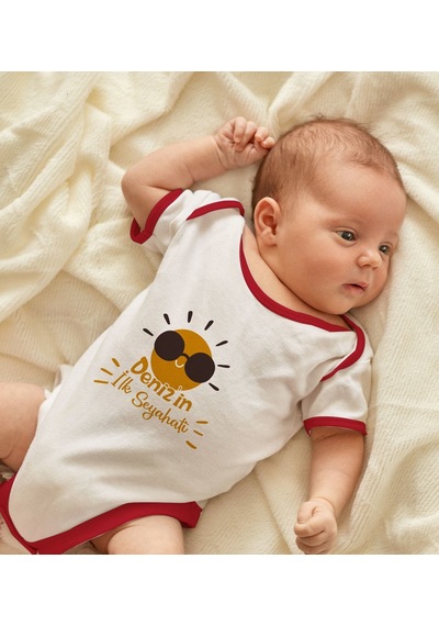 Bk Gift Bk Kids Kişiye Özel İlk Seyahat Tasarımlı Kırmızı Bebek Body Zıbın-1 12-18 Ay