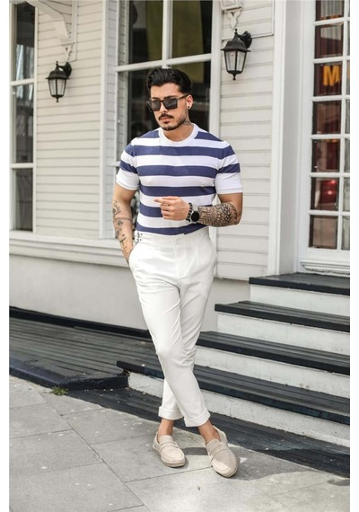 Erkek Yuvarlak Yaka Örme T-shirt Beyaz-saks