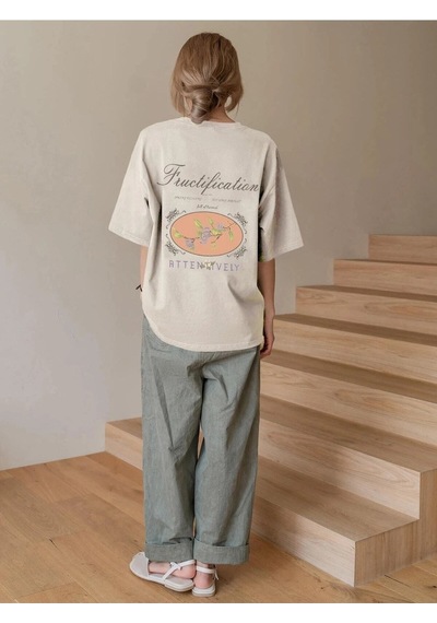 Flood Of Style Kadın Bej Fructification Baskılı Oversize T-shirt