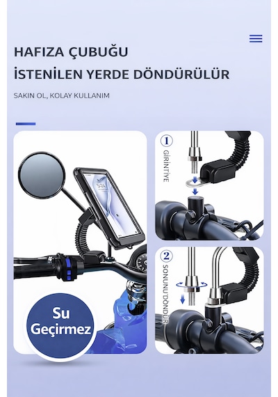 Motosiklet İçin Su Geçirmez Telefon Tutucu Ayna Bağlantılı Şarj Girişli Ve Kulaklık Girişli Beyaz - Siyah