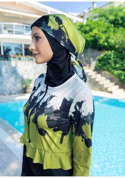 Mayovera Batik Siyah Kapalı Tesettür Tasarım Mayo