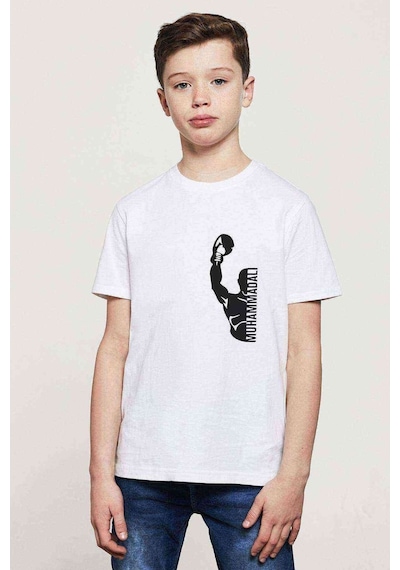 Tshirthane Muhammed Ali Yumruk Baskılı Unisex Çocuk Beyaz T-Shirt