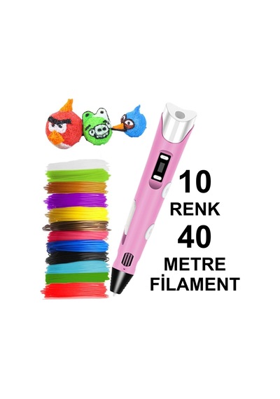 Pembe 3D Kalem Yazıcı+10 Renk 40 Metre (10X4Metre) Pla Filament