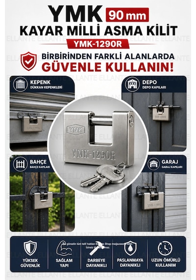 Kayar Milli Asma Kilit Ymk-1290r Kalın Çelik Gövde Yüksek Güvenlikli Paslanmaya Dayanıklı 3 Anahtarl