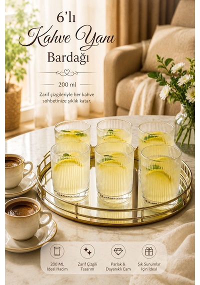 Porsima Berrak 13938-1 6'lı İnce Çizgili Cam Kahve Yanı Su Bardak Seti 200 Ml / Cc Meşrubat & İkram Bardağı