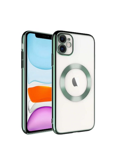 Apple Uyumlu iPhone 11 Kılıf Wireless Şarj Özellikli Sert Pc Zore Riksos M-safe Kapak Koyu Yeşil