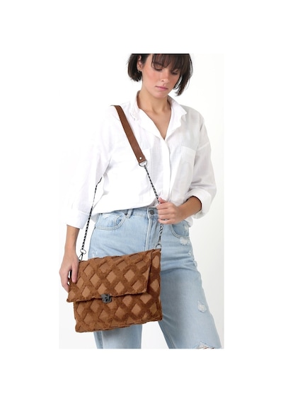 Kadın Kumaş El Ve Omuz Çantası Tweed Taba Kürklü Peluş Örme Çapra