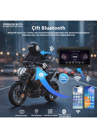 İdragon M11d 5" Su Geçirmez Motosiklet Carplay & Android Auto Ekranı - Lastik Basınç Sensörü