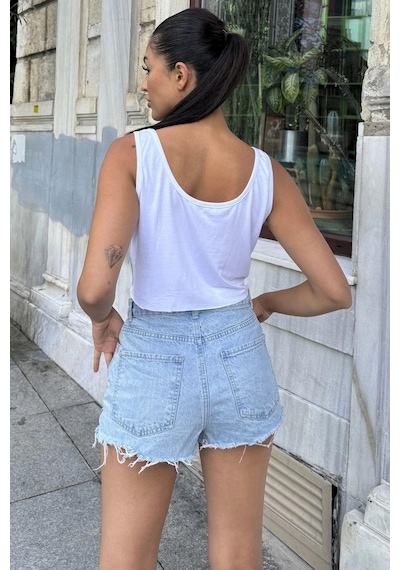 WeShaya Kadın Silver Gümüş Payetli Kolsuz Parlak Crop Bluz Ekru