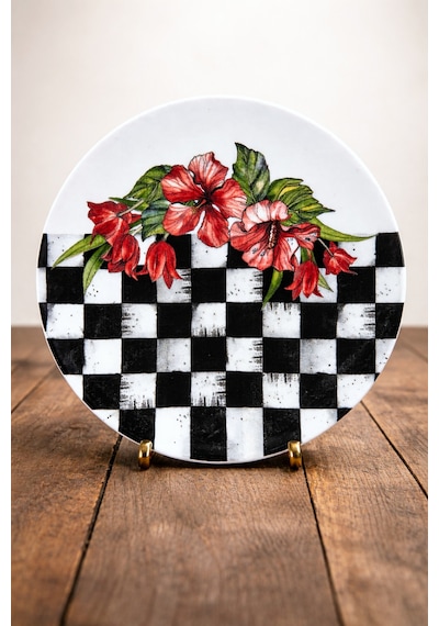 Grandora Siyah Beyaz Dama Ve Çiçek Desenli 6 Adet, 20 Cm Modern Pasta Tatlı Tabağı Seti Siyah-beyaz