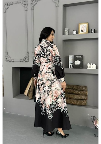 Neşeli Butik Kadın Siyah Çiçek Desenli İthal Kumaş Tam Düğmeli Kemerli Tasarım Elbise Nbms25115 Siyah Neşeli Butik Kadın Siyah Çiçek Desenli İthal Kumaş Tam Düğmeli Kemerli Tasarım Elbise Nbms25115 Siyah