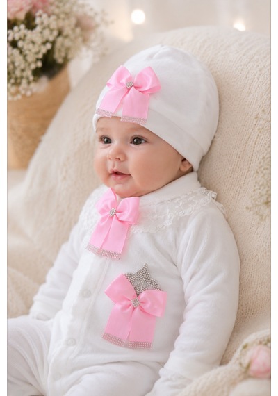 Sitilin Kız Bebek Kadife Kışlık Fiyong Taşlı Lüks Tulum Seti Premium Yenidoğan 0-3 Ay Stl7247 Pembe