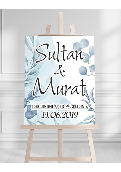 Söz Nişan Düğün İçin 50x70 Karşılama Panosu - Mavi Çiçek Temalı Beyaz